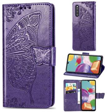 Embossing Mandala Flower Butterfly Leather Wallet Case for Samsung Galaxy A41 Japan SC-41A SCV48 - Dark Purple