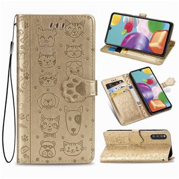 Embossing Dog Paw Kitten and Puppy Leather Wallet Case for Samsung Galaxy A41 Japan SC-41A SCV48 - Champagne Gold
