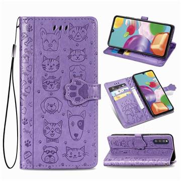 Embossing Dog Paw Kitten and Puppy Leather Wallet Case for Samsung Galaxy A41 Japan SC-41A SCV48 - Purple