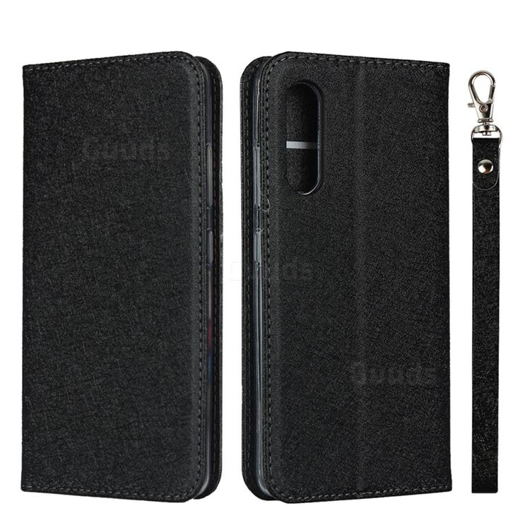 Ultra Slim Magnetic Automatic Suction Silk Lanyard Leather Flip Cover for Samsung Galaxy A41 Japan SC-41A SCV48 - Black