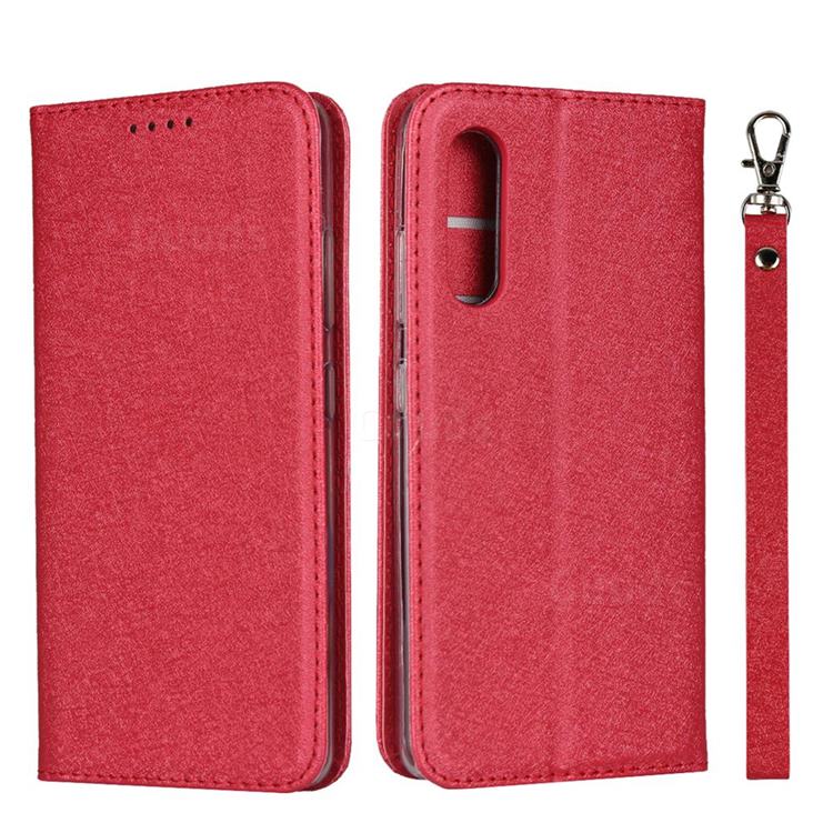 Ultra Slim Magnetic Automatic Suction Silk Lanyard Leather Flip Cover for Samsung Galaxy A41 Japan SC-41A SCV48 - Red