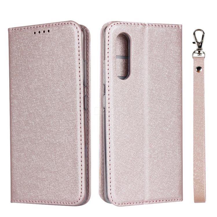 Ultra Slim Magnetic Automatic Suction Silk Lanyard Leather Flip Cover for Samsung Galaxy A41 Japan SC-41A SCV48 - Rose Gold