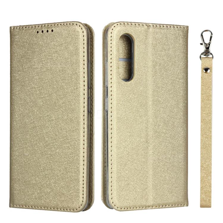 Ultra Slim Magnetic Automatic Suction Silk Lanyard Leather Flip Cover for Samsung Galaxy A41 Japan SC-41A SCV48 - Golden