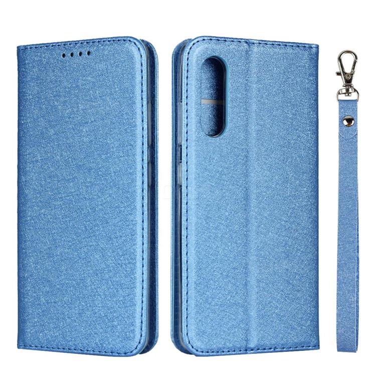 Ultra Slim Magnetic Automatic Suction Silk Lanyard Leather Flip Cover for Samsung Galaxy A41 Japan SC-41A SCV48 - Sky Blue