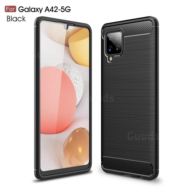 Luxury Carbon Fiber Brushed Wire Drawing Silicone TPU Back Cover for Samsung Galaxy A42 5G - Black