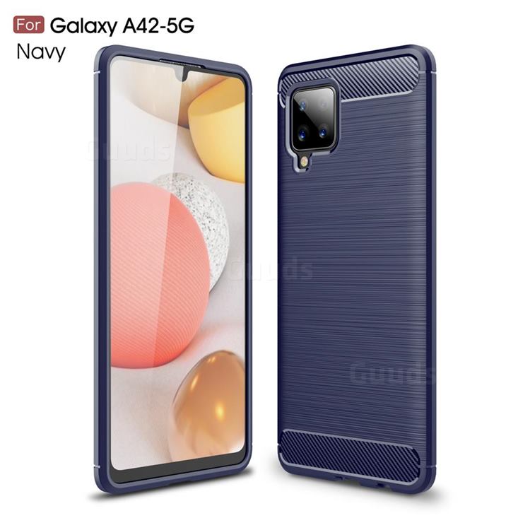 Luxury Carbon Fiber Brushed Wire Drawing Silicone TPU Back Cover for Samsung Galaxy A42 5G - Navy