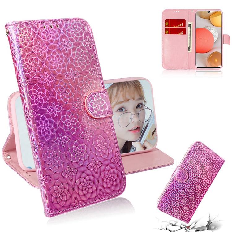 Laser Circle Shining Leather Wallet Phone Case for Samsung Galaxy A42 5G - Pink