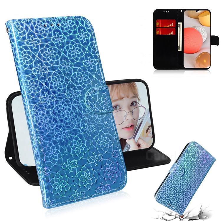 Laser Circle Shining Leather Wallet Phone Case for Samsung Galaxy A42 5G - Blue