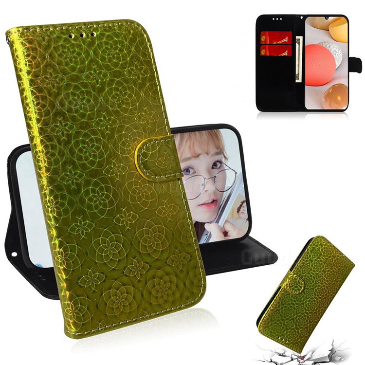 Laser Circle Shining Leather Wallet Phone Case for Samsung Galaxy A42 5G - Golden