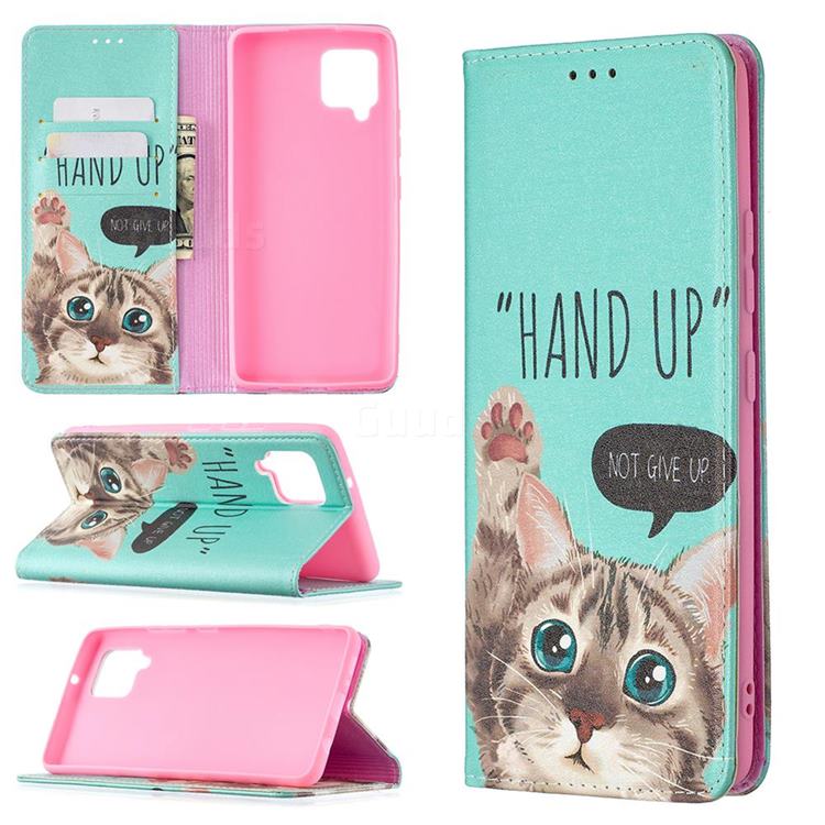 Hand Up Cat Slim Magnetic Attraction Wallet Flip Cover for Samsung Galaxy A42 5G