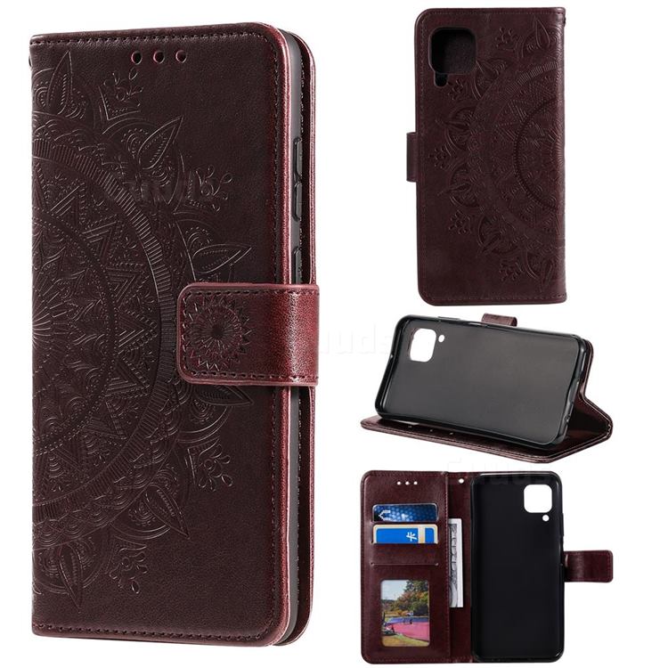 Intricate Embossing Datura Leather Wallet Case for Samsung Galaxy A42 5G - Brown