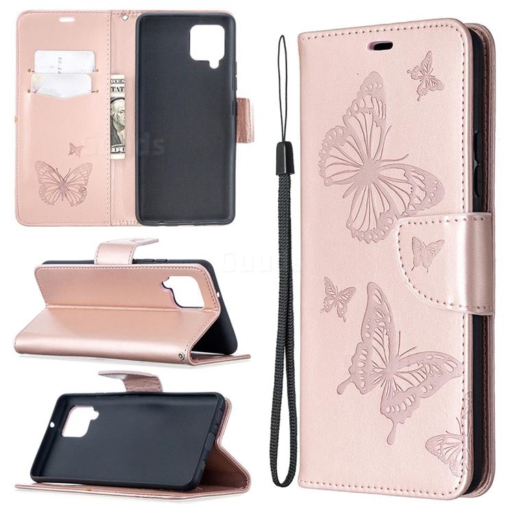 Embossing Double Butterfly Leather Wallet Case for Samsung Galaxy A42 5G - Rose Gold