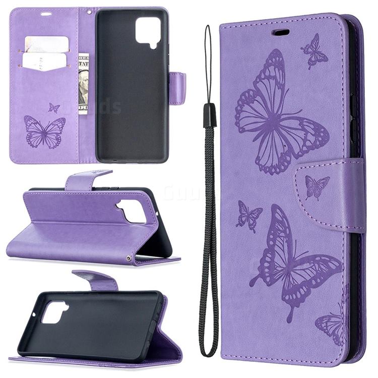 Embossing Double Butterfly Leather Wallet Case for Samsung Galaxy A42 5G - Purple