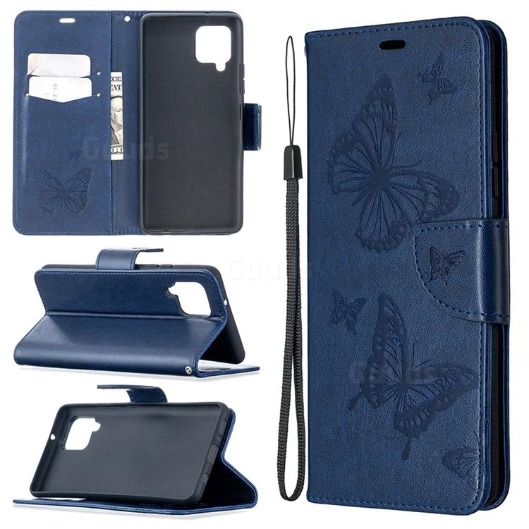Embossing Double Butterfly Leather Wallet Case for Samsung Galaxy A42 5G - Dark Blue