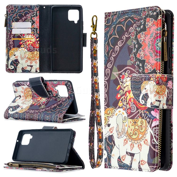 Totem Flower Elephant Binfen Color BF03 Retro Zipper Leather Wallet Phone Case for Samsung Galaxy A42 5G