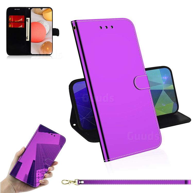 Shining Mirror Like Surface Leather Wallet Case for Samsung Galaxy A42 5G - Purple
