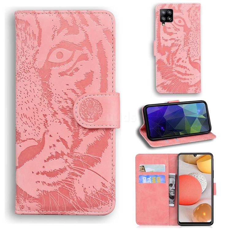 Intricate Embossing Tiger Face Leather Wallet Case for Samsung Galaxy A42 5G - Pink