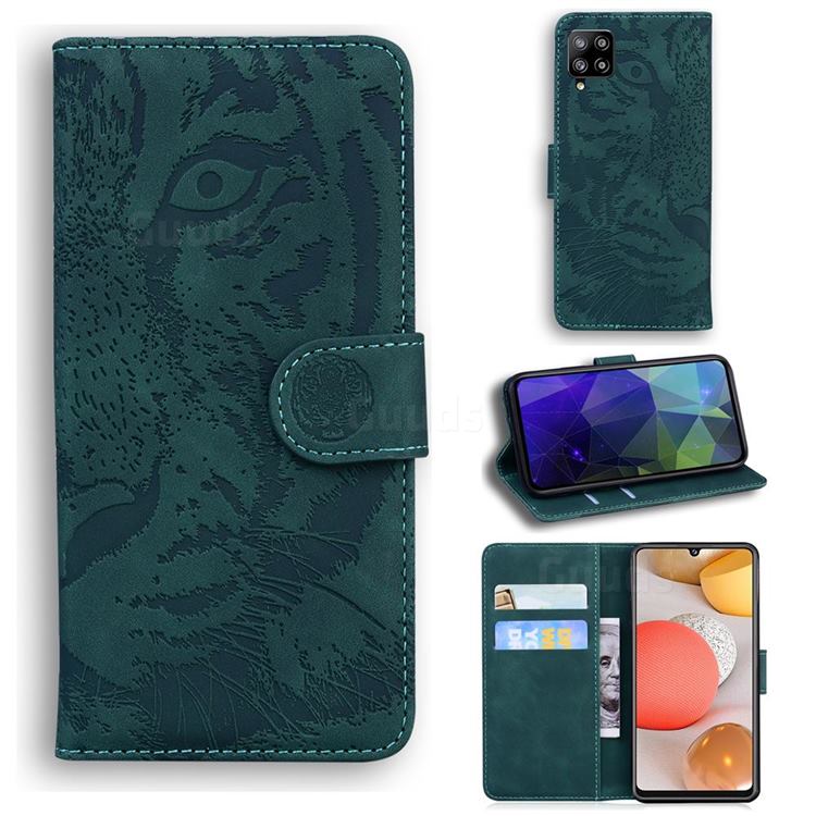 Intricate Embossing Tiger Face Leather Wallet Case for Samsung Galaxy A42 5G - Green