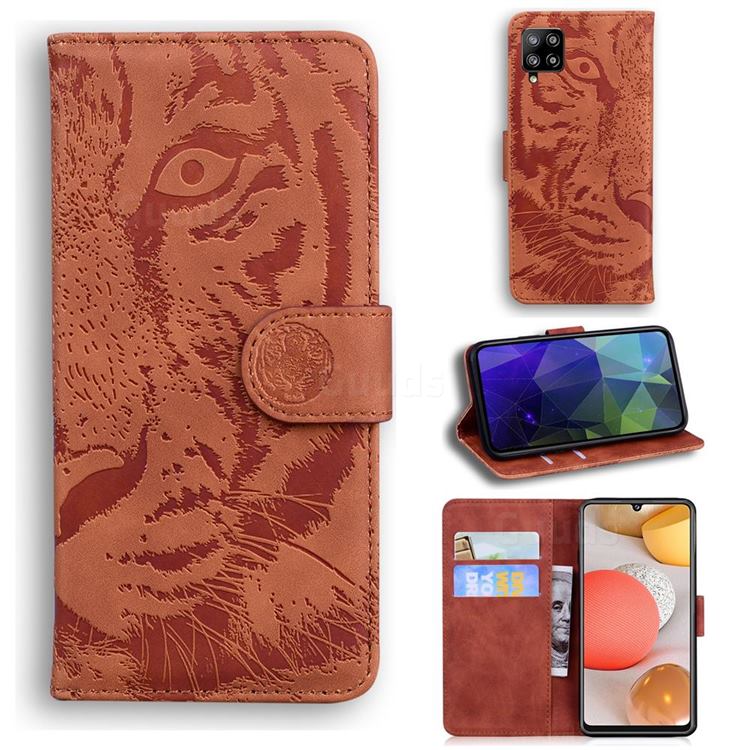 Intricate Embossing Tiger Face Leather Wallet Case for Samsung Galaxy A42 5G - Brown