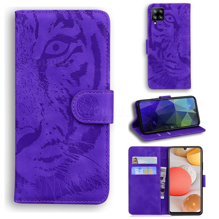 Intricate Embossing Tiger Face Leather Wallet Case for Samsung Galaxy A42 5G - Purple
