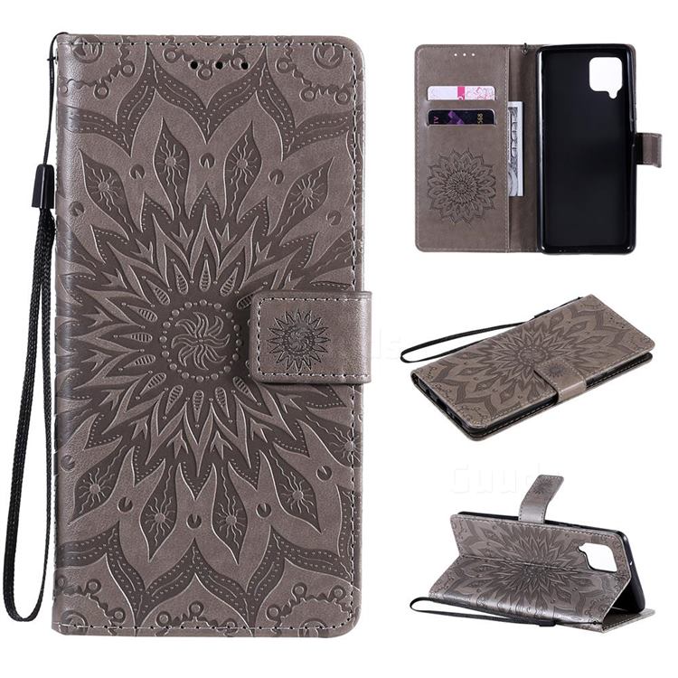 Embossing Sunflower Leather Wallet Case for Samsung Galaxy A42 5G - Gray