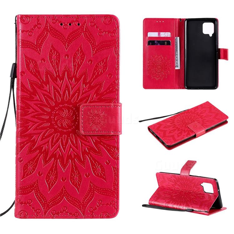 Embossing Sunflower Leather Wallet Case for Samsung Galaxy A42 5G - Red
