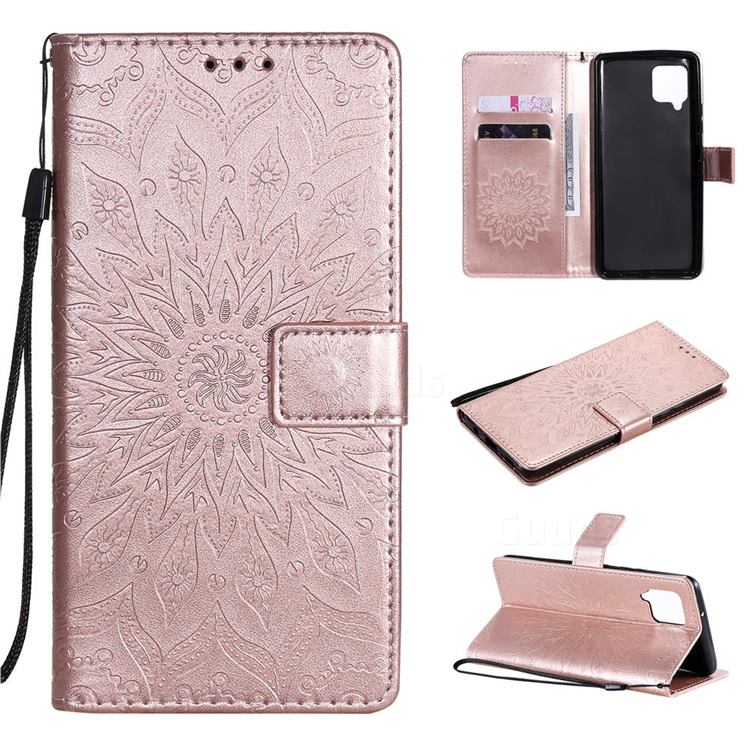 Embossing Sunflower Leather Wallet Case for Samsung Galaxy A42 5G - Rose Gold