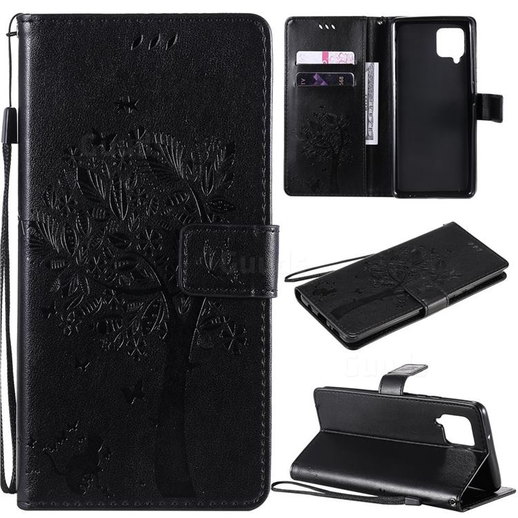 Embossing Butterfly Tree Leather Wallet Case for Samsung Galaxy A42 5G - Black