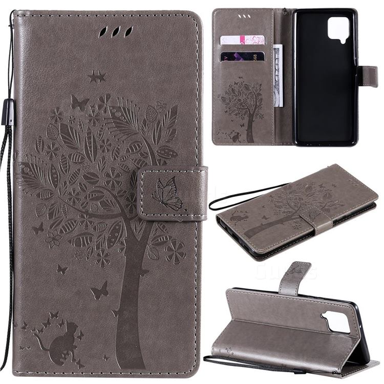 Embossing Butterfly Tree Leather Wallet Case for Samsung Galaxy A42 5G - Grey
