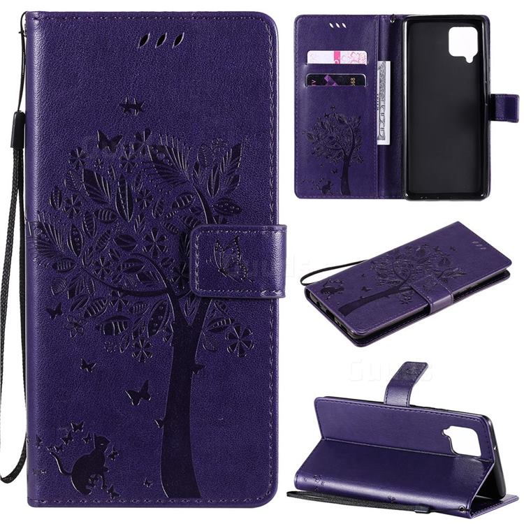 Embossing Butterfly Tree Leather Wallet Case for Samsung Galaxy A42 5G - Purple