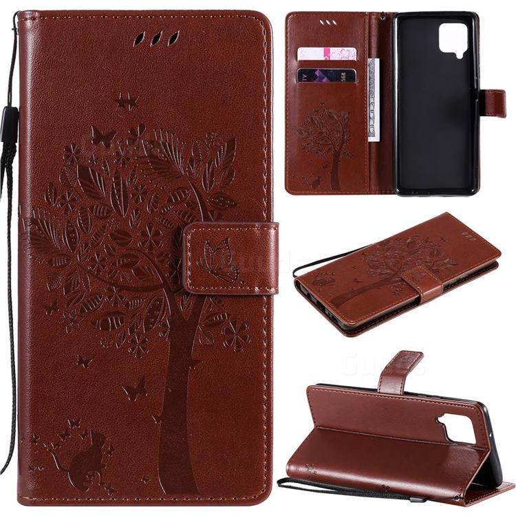 Embossing Butterfly Tree Leather Wallet Case for Samsung Galaxy A42 5G - Coffee