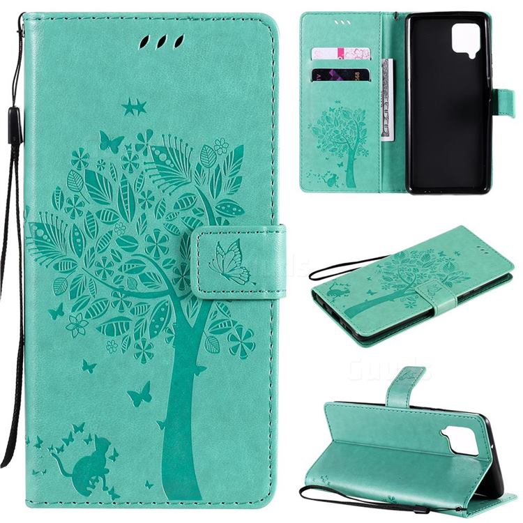 Embossing Butterfly Tree Leather Wallet Case for Samsung Galaxy A42 5G - Cyan