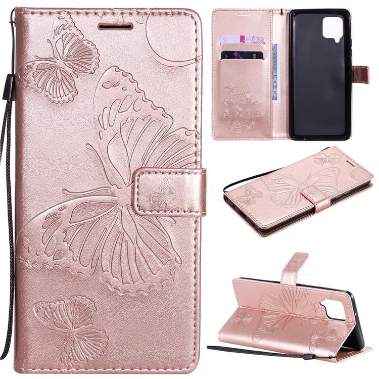 Embossing 3D Butterfly Leather Wallet Case for Samsung Galaxy A42 5G - Rose Gold