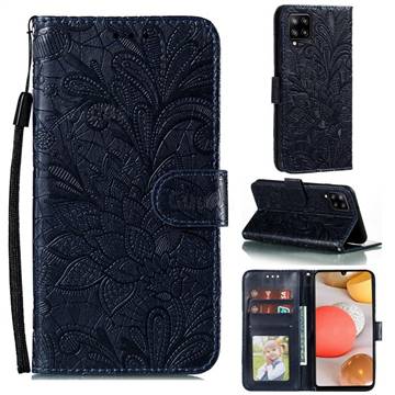 Intricate Embossing Lace Jasmine Flower Leather Wallet Case for Samsung Galaxy A42 5G - Dark Blue