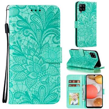 Intricate Embossing Lace Jasmine Flower Leather Wallet Case for Samsung Galaxy A42 5G - Green