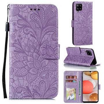 Intricate Embossing Lace Jasmine Flower Leather Wallet Case for Samsung Galaxy A42 5G - Purple