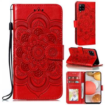 Intricate Embossing Datura Solar Leather Wallet Case for Samsung Galaxy A42 5G - Red