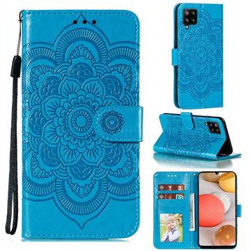 Intricate Embossing Datura Solar Leather Wallet Case for Samsung Galaxy A42 5G - Blue