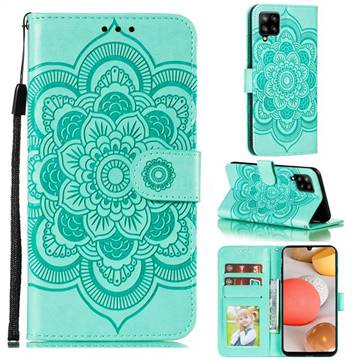 Intricate Embossing Datura Solar Leather Wallet Case for Samsung Galaxy A42 5G - Green