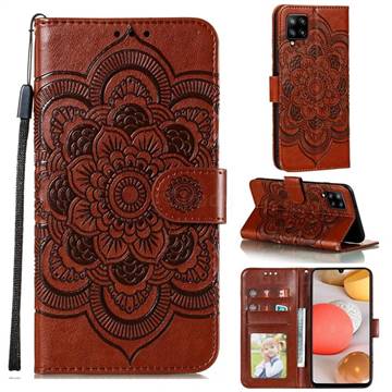 Intricate Embossing Datura Solar Leather Wallet Case for Samsung Galaxy A42 5G - Brown