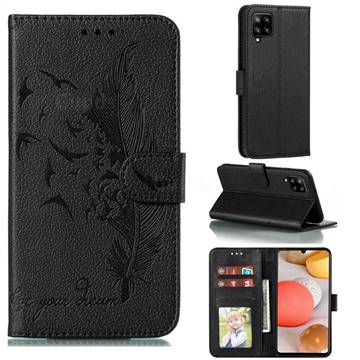 Intricate Embossing Lychee Feather Bird Leather Wallet Case for Samsung Galaxy A42 5G - Black