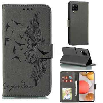 Intricate Embossing Lychee Feather Bird Leather Wallet Case for Samsung Galaxy A42 5G - Gray