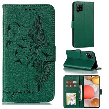 Intricate Embossing Lychee Feather Bird Leather Wallet Case for Samsung Galaxy A42 5G - Green