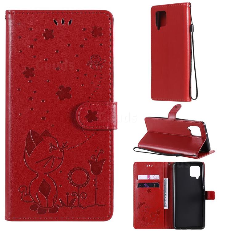 Embossing Bee and Cat Leather Wallet Case for Samsung Galaxy A42 5G - Red