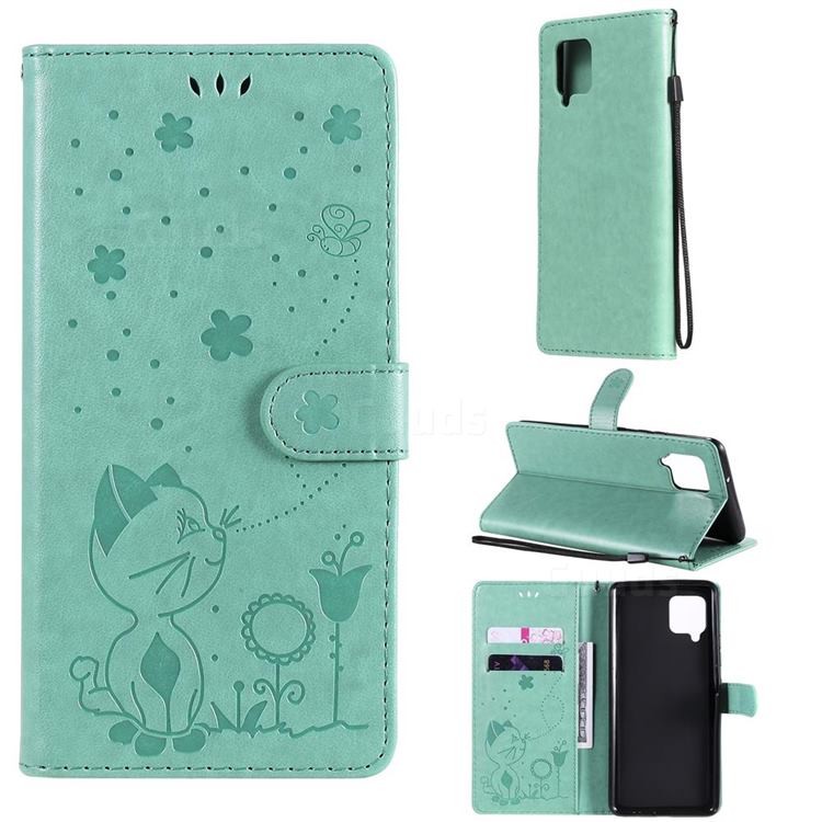 Embossing Bee and Cat Leather Wallet Case for Samsung Galaxy A42 5G - Green