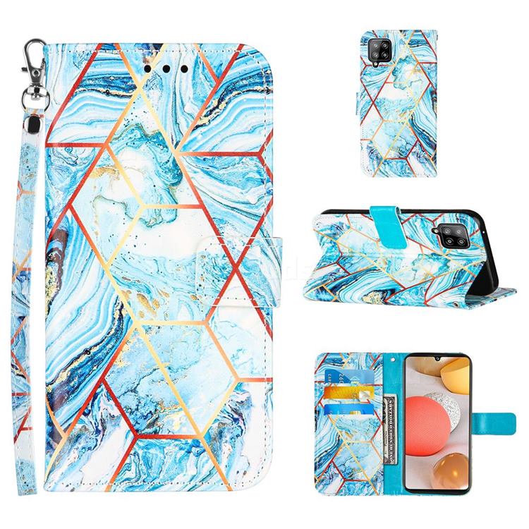Lake Blue Stitching Color Marble Leather Wallet Case for Samsung Galaxy A42 5G