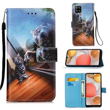 Mirror Cat Matte Leather Wallet Phone Case for Samsung Galaxy A42 5G