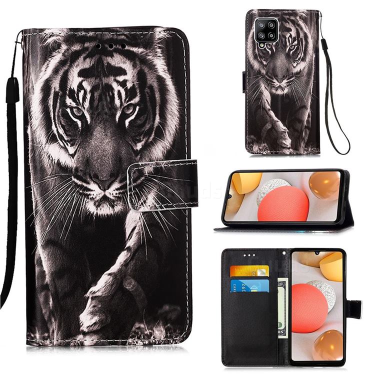 Black and White Tiger Matte Leather Wallet Phone Case for Samsung Galaxy A42 5G