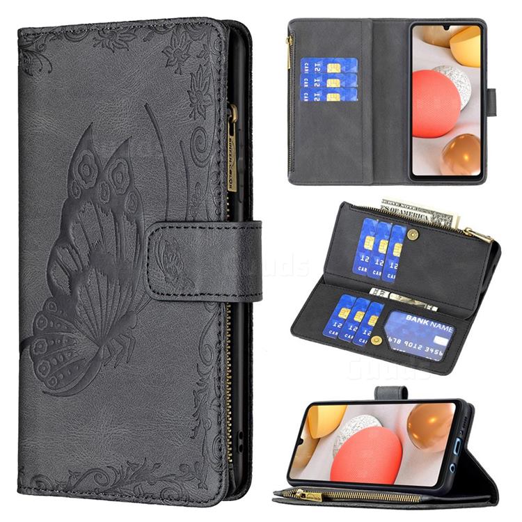 Binfen Color Imprint Vivid Butterfly Buckle Zipper Multi-function Leather Phone Wallet for Samsung Galaxy A42 5G - Black
