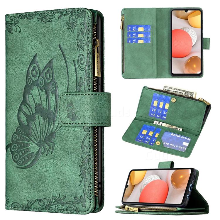 Binfen Color Imprint Vivid Butterfly Buckle Zipper Multi-function Leather Phone Wallet for Samsung Galaxy A42 5G - Green